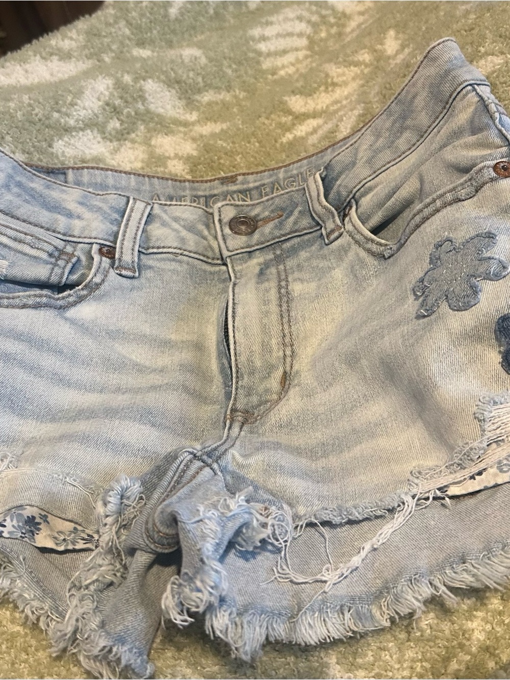 American Eagle Outfitters Light Blue Embroidered Frayed Hem Jean Shorts